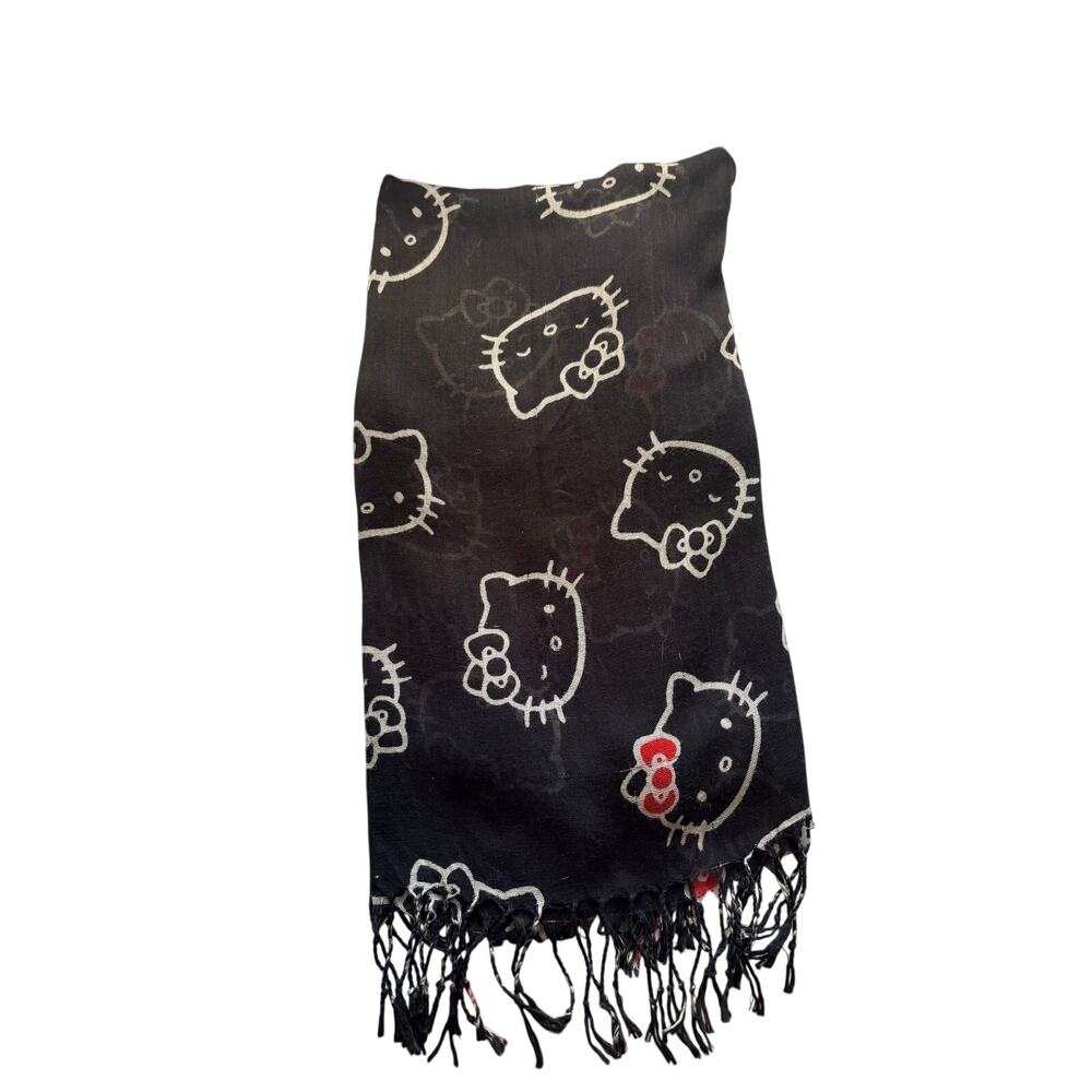 Sanrio Hello Kitty Black Sheer Rectangle Scarf Fringe Bows 24X66 Whimsigoth Y2k